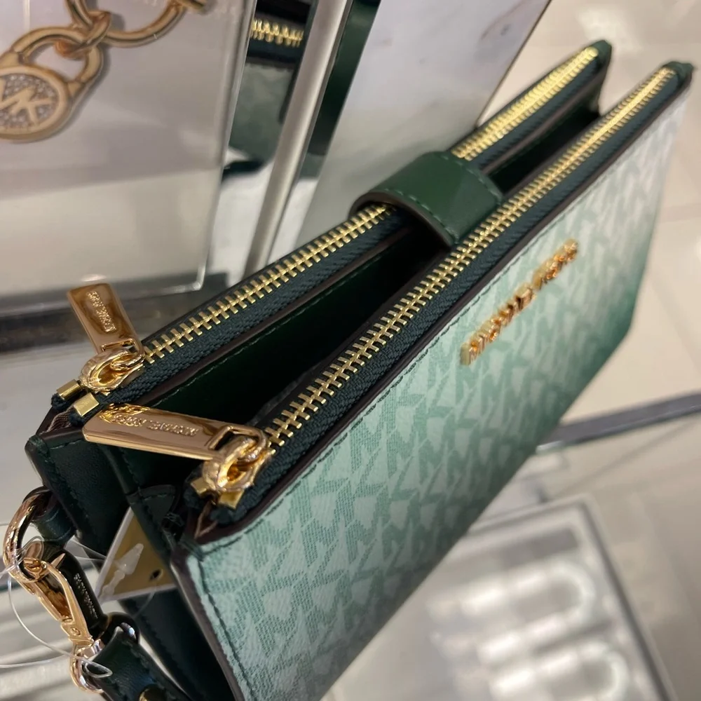 MICHAEL KORS Jet Set Lg Ombré Signature Logo Double Zip Wristlet Wallet  Moss